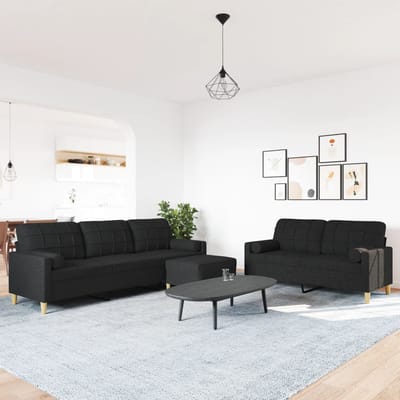 vidaXL - 3-delige - Loungeset - met - voetenbank - en - kussens - stof - zwart