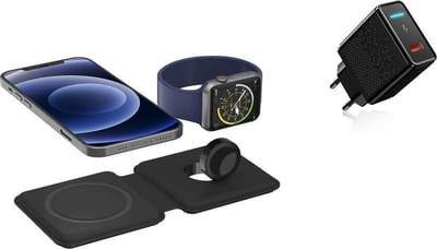 DrPhone iOM2 - 15W Opvouwbare Lader - Magnetische Draadloze Oplader - Opladen met iOS Magnetische Ring / iOS iPhone [ 12 -16] & iWatch Smartwatch 38/40/41/42/44/45mm - Zwart