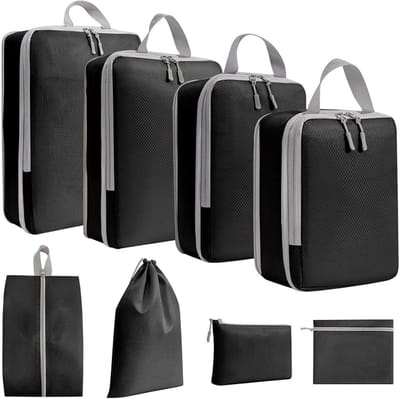 Pak Tassen Set - Reis Organizers - Kleding Opbergen - Compact Compressie Systeem - 8 Delig - Zwart