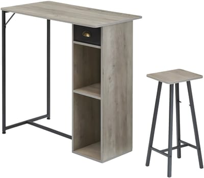 Eettafelset 3-delig - Voor keuken en appartement - Bartafel met twee krukken en opbergplanken - Hout - keukentafel - Grijs