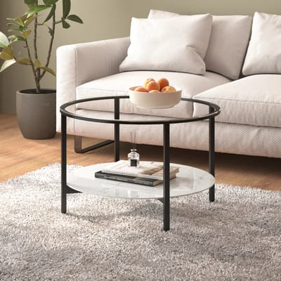vidaXL - Salontafel - 70 - cm - gehard - glas - zwart - en - witmarmer