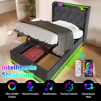 DESMIU Gestoffeerd Bed 90x200cm - Bed Met Verstelbare Ledverlichting - Hoofdbord Met Usb En Usb C - Opbergruimte Onder Bed - Grijs - Zonder Matras