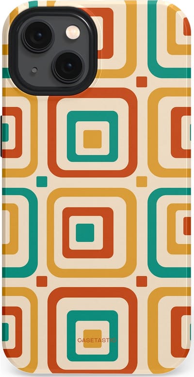Casetastic hoesje geschikt voor Apple iPhone 13 - MagSafe - Dubbellaagse bescherming - Retro Vierkant verlangen - Fashion Case - Crème Terracotta Goud Turquoise