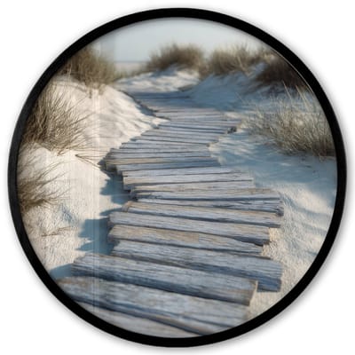 Poster in lijst Rond - Fotolijst 40x40 cm - Posters - Pad - Planken - Duinen - Gras - Ronde posterlijst zwart - Decoratie - Wanddecoratie woonkamer - Muurdecoratie slaapkamer