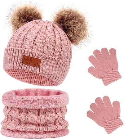 Sinterklaas Cadeau - Kindernekwarmer - 3-delige warme set - Kinderwinterset van 3 stuks - Gebreide muts, sjaal en handschoenen - Verdikt warm winteraccessoire, perfect cadeau voor jongens en meisjes van 1-5 jaar, donkerroze