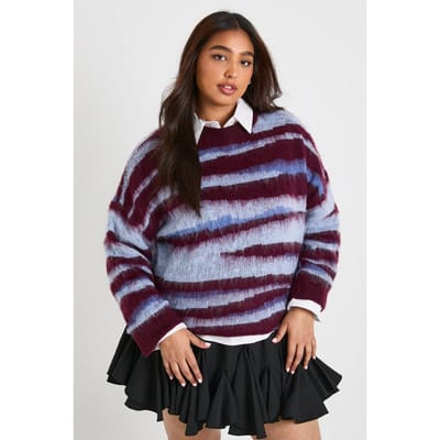 boohoo Dames Plus Geborstelde Gebreide Abstracte Print Oversized Gebreide Trui | Bordeaux Rood | Maat: 48-50
