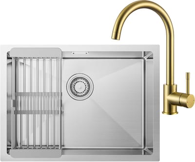 CECIPA Max Spoelbak voor keuken 60x44cm - Inbouwspoelbak Met Goud Keukenkraan - Spoelbakken Keuken RVS - Spoelbak Met Verstelbaar Mandje - Met Afdruiprek