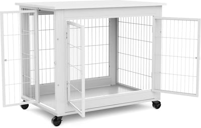 Modulaire Hondenbench 80x56x69 cm - Hondenbox - Hondenkennel Tafel - Hout met 2 Deur - Openklapbaar Dak - Honden met Wielen - Wit