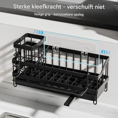 GELLDG Afwasmiddelhouder - gootsteenorganizer - keukengootsteenorganizer - smalle gootsteenorganizer - met afdruiprek en vaatdoekhouder - wandrek voor de keuken zonder boren - Geschikt voor het opbergen van borstels en handdoeken - zwart