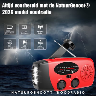 NatuurGenoot® Noodradio 2026 – Opwindbaar & Solar – 3 LED Zaklamp – 2000mAh Powerbank – SOS Alarm – FM/AM Radio – Draagbare Noodradio voor Rampen & Camping – Rood