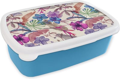 Broodtrommel Blauw - Lunchbox - Brooddoos - Bloemen - Regenboog - Jungle - Patroon - Vintage - 18x12x6 cm - Kinderen - Jongen