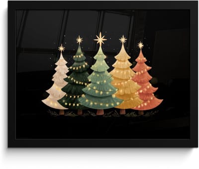 Poster in lijst - Fotolijst 40x30 cm - Posters - Kerstbomen - Kleurrijk - Lichtjes - Ster - Posterlijst zwart - Decoratie - Wanddecoratie woonkamer - Muurdecoratie slaapkamer - Kerstversiering - Kerstdecoratie voor binnen - Kerstmis