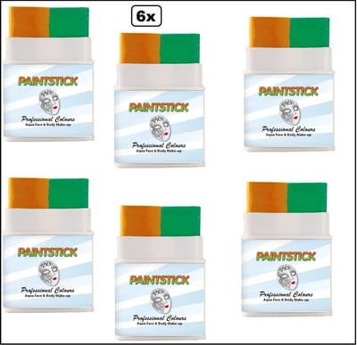 6x PXP mini stick oranje/groen 7 gram - Carnaval thema feest optocht schmink