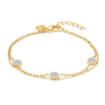 Twice As Nice Armband in goudkleurig edelstaal, dubbele ketting, 3 rondjes met witte kristallen 16cm+3cm