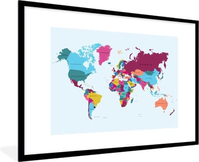 Poster in lijst - Fotolijst 120x80 cm - Posters - Wereldkaart - Trendy - Kleurrijk - Posterlijst zwart - Decoratie - Wanddecoratie woonkamer - Muurdecoratie slaapkamer