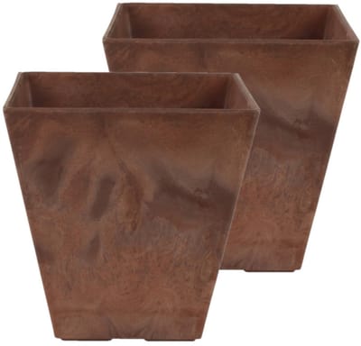 Ter Steege Bloempot/plantenpot - 2x - vierkant - gerecycled kunststof/steenpoeder - terra bruin - D15 en H15 cm