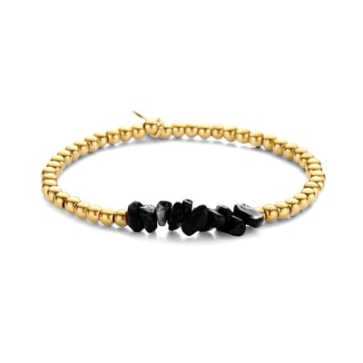 CO88 Collection 8CB-90832 Stalen Armband - Dames - Kralen - 3,7 mm Doorsnee - Zwart Agaat Steentjes - Lengte 17,8 cm - Rekarmband - Goudkleurig