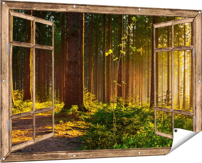 Gards Tuinposter Doorkijk Bos met Zon tussen de Bomen - 150x100 cm - Tuindoek - Tuindecoratie - Wanddecoratie buiten - Tuinschilderij