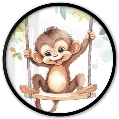 Poster in lijst Rond - Fotolijst 40x40 cm - Posters - Aap - Dier - Kinderen - Jungle - Ronde posterlijst zwart - Decoratie - Wanddecoratie woonkamer - Muurdecoratie slaapkamer