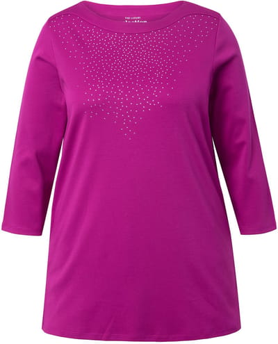 Ulla Popken - Dames - Shirt siersteentjes boothals 3/4-mouwen pima-katoen - Bes - Maat 42+