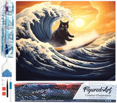 Figured'Art Diamond Painting set Volwassenen 40x50 cm De grote golf van de zwarte kat - 5D DIY Art full drill vierkante diamant - Opgerold canvas