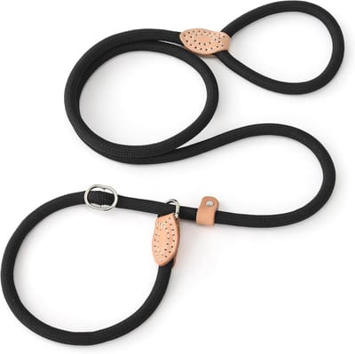 4.5FT Slip Hondenriem - Sterke Gevlochten Touw Riem - Lederen Stop en Punt - Geen Treintraining - Voor Middelgrote en Grote Honden - zwart