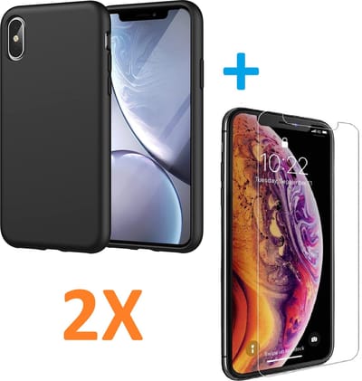 Soft TPU Zwart hoesje Silicone Case + 2 stuks Glas Screenprotector -  Geschikt voor: iPhone X / XS