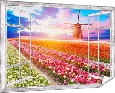 Gards Tuinposter Doorkijk Kleurrijke Bloemenveld met een Windmolen - 180x120 cm - Tuindoek - Tuindecoratie - Wanddecoratie buiten - Tuinschilderij