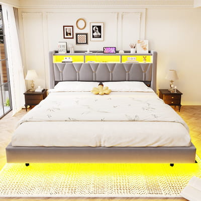 Bed met zachte bekleding 180 x 200 cm – opklapbaar hoofdeinde – met stopcontact en opbergruimte – ledverlichting – zacht bekleed hoofdeinde – bredere bedpoten – zwevend bedontwerp – fluwelen bekleding – lichtgrijs