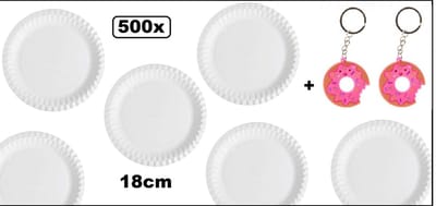500x Kartonnen borden wit 1 vaks 18cm + 2x sleutelhanger donut- carnaval diner eten festival gebak bbq thema feest