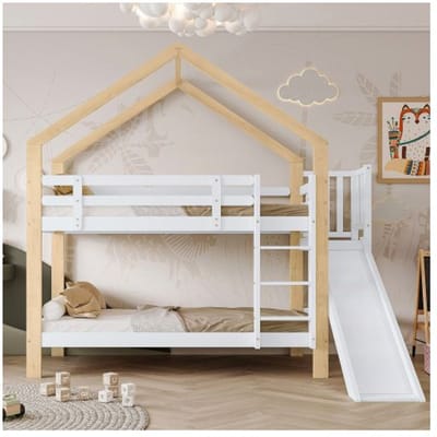 Lit superposé - MUVOE - Maison avec toboggan - Échelle coudée - Bois massif - 2 places blanc