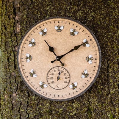 30 cm Tuinklok met Thermometer en Bij Design - Handbeschilderde Wandklok voor Binnen en Buiten