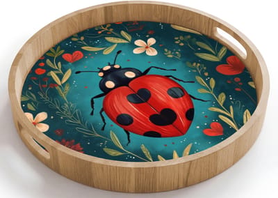 Dienblad rond 40x40 cm - Schootdienblad hout - Bloemen - Lieveheersbeestje - Hartje - Rood - Borrelplank rechthoek - Plateau houten dienbladen