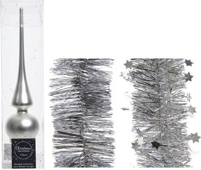 Kerstversiering glazen piek mat 26 cm en folieslingers pakket zilver van 3x stuks - Kerstboomversiering