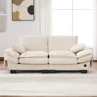 DESMIU Zitbank 190 Cm - 2-Zits Met Brede Zitting, USB-C En Zijvakken - Voor Woonkamer, Kantoor En Lounge - Corduroy Beige