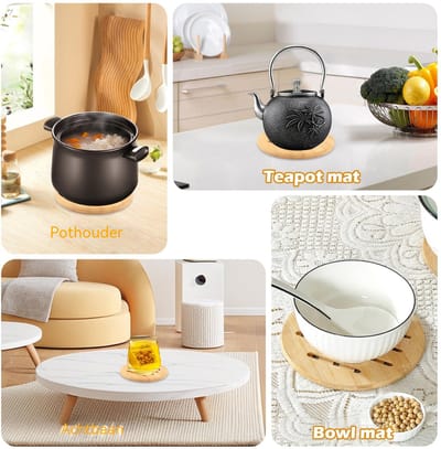carmdering - Bamboe Onderzetter - Houten Pannenonderlegger - Ronde Keukenaccessoire - Snelle Warmteafvoer Door Holle Gaten - Antislip Veilig Ontwerp - Natuurlijk Bamboe - Glad En Vuilafstotend Oppervlak - Set Van 4 Stuks