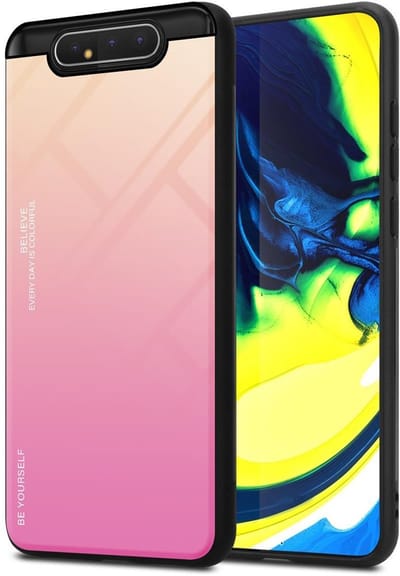 Cadorabo Hoesje geschikt voor Samsung Galaxy A80 / A90 4G in GEEL - ROZE - Tweekleurige beschermhoes van TPU-silicone Case Cover en achterzijde van gehard glas