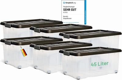 Novaliv 6x Opbergdozen met deksel Groot 45L Antraciet Nestbaar Stapelbaar met clipsluiting Rolboxen Kunststof BPA-vrij 61x40x26 cm