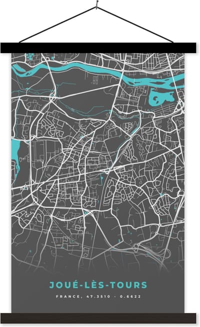 Posterhanger incl. Poster 40x60 cm - Schoolplaat - Joué-lès-Tours - Frankrijk - Plattegrond - Kaart - Stadskaart - Textielposter - Zwarte latten - Stadskaart