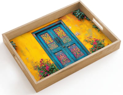 Dienblad hout 40x30 cm - Schootdienblad - Deuren - Kleurrijk - Planten - Borrelplank rechthoek - Plateau dienbladen