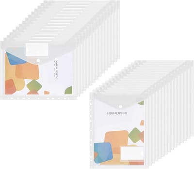 Famanu - Documententas A4, 30 stuks, transparante documentenmap met 11 geperforeerde rand en etikettenvak, kijkvak voor het organiseren van documenten