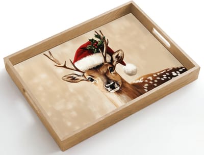 Dienblad hout 50x35 cm - Schootdienblad - Kerst - Hert - Gewei - Rood - Borrelplank rechthoek - Plateau dienbladen