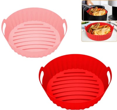 2 stuks - Airfryer siliconen voering - Airfryer mand - Herbruikbare Airfryer ronde siliconen - Rood + Roze - Airfryer oven accessoires