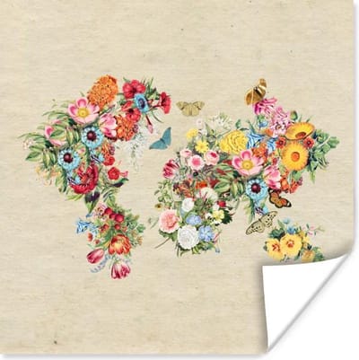 Muurdecoratie - Wereldkaart - Bloemen - Vlinder - Bruin papier - 50x50 cm - Poster