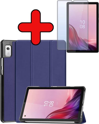 Hoes - Geschikt voor Lenovo Tab M9 - Met Screenprotector - Trifold Bookcase - Hard Cover - Hardcover Book Case - Tablet Hoesje - Donkerblauw