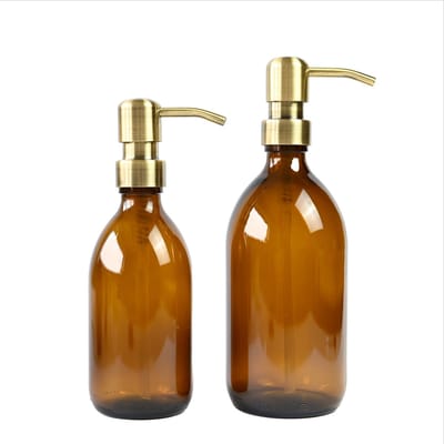 Groeikruid® Zeeppompjes Set | Zeepdispensers | Vrijstaand en Hervulbaar | 300 ml + 500 ml | Amber glas | RVS pompkop | Bronsgoud