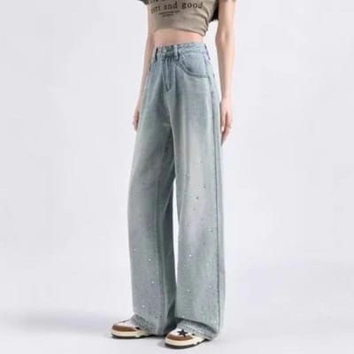Nieuwe Lichte Kleur Hoge Taille Zware Industrie Hot Diamond Wijde Pijp Denim Broek Grote Maat Losvallend Design Rechte Vloer Veegbroek 2XL gray