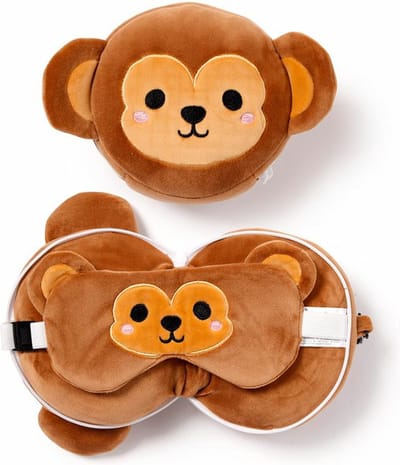 Relaxeazzz Aap knuffel/reiskussen/slaapmasker - 2-in-1 set - voor kinderen- in vliegtuig of auto