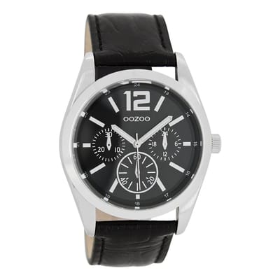 OOZOO Timepieces - Zilverkleurige horloge met zwarte leren band - C7623
