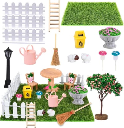 18-delige set mini tuindecoratie met meubelen, hek en boom - DIY feeëntuin accessoires met kunstgras